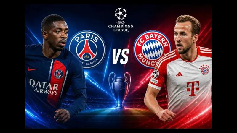 Cầu thủ PSG đang tung cú sút mạnh vào khung thành Bayern Munich